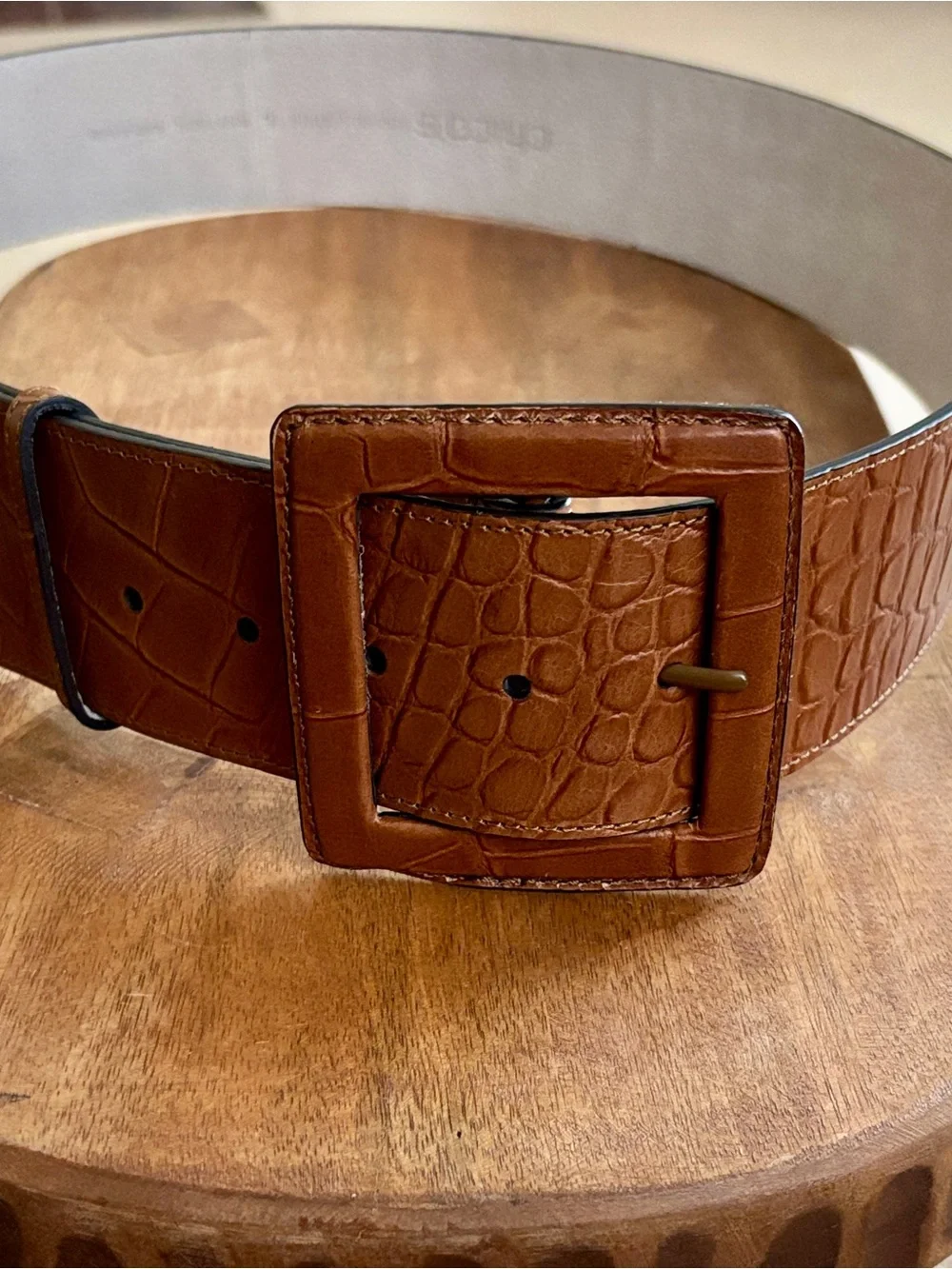 Chico's Croc-Embossed Wide Full Grain Brown Leather Belt with Square Buckle - XL
